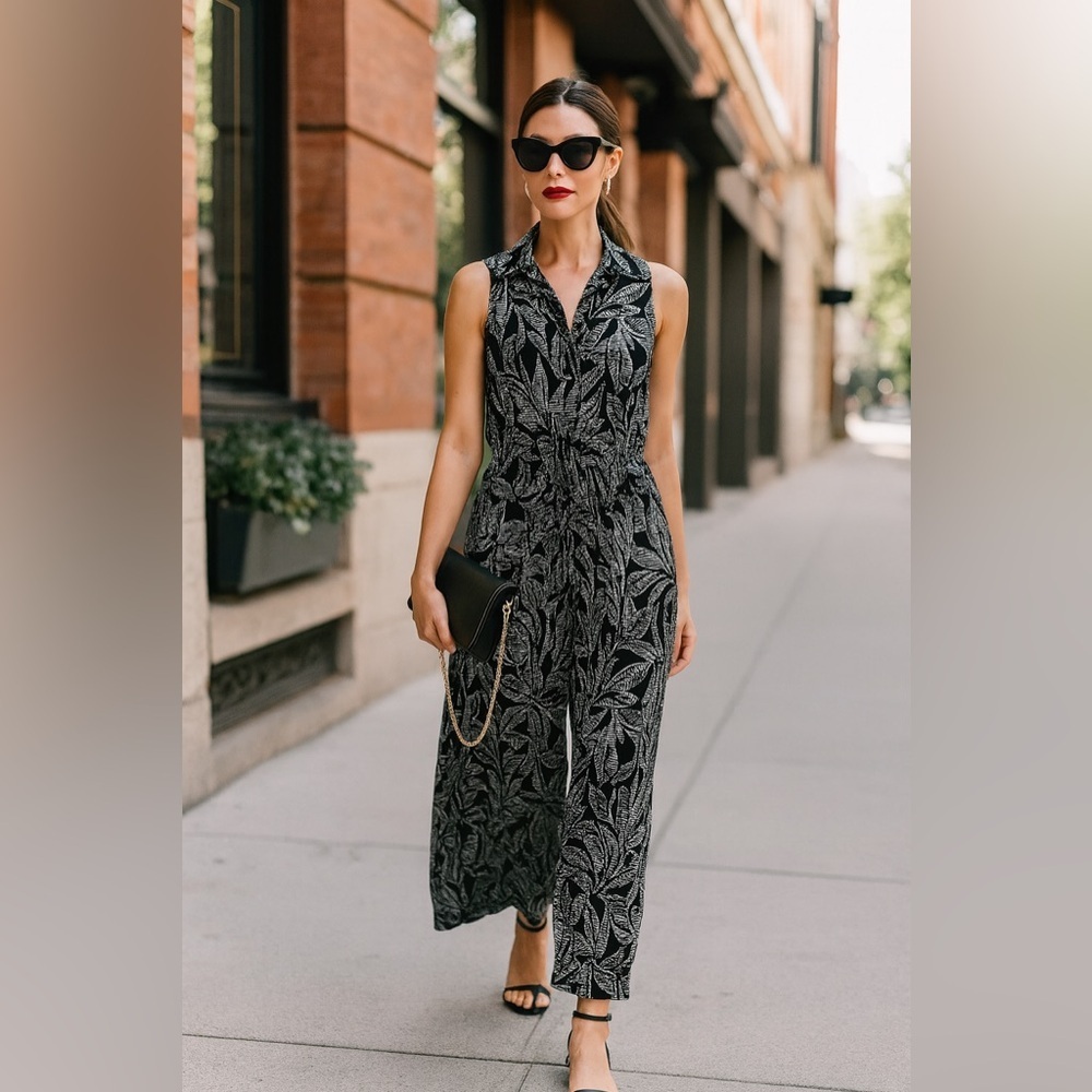 Vintage Black & White Floral Wide Leg Sleeveless Jumpsuit